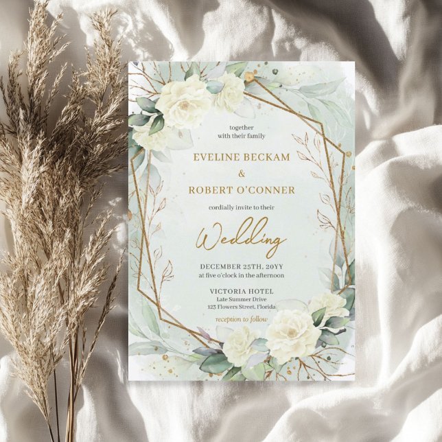Modern script white roses eucalyptus wedding invitation (Modern script white roses eucalyptus wedding invitation)
