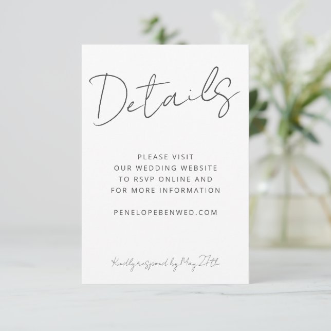 Modern Script White Wedding Website Details QR  RSVP Card (Standing Front)