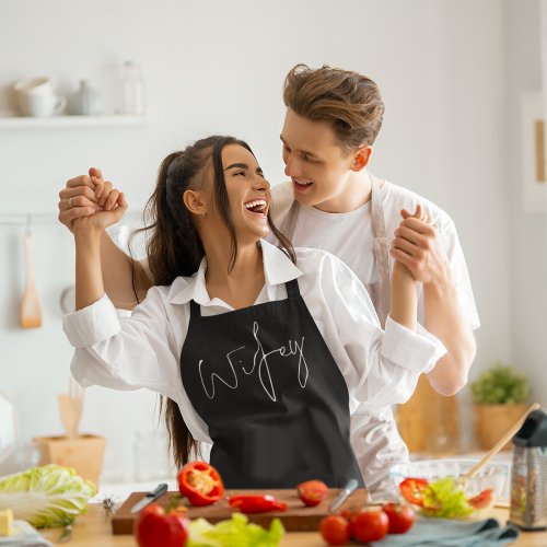 Modern Script Wifey Date White Black Apron