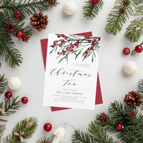 Modern Script Winter Berries Christmas Tea Invitation