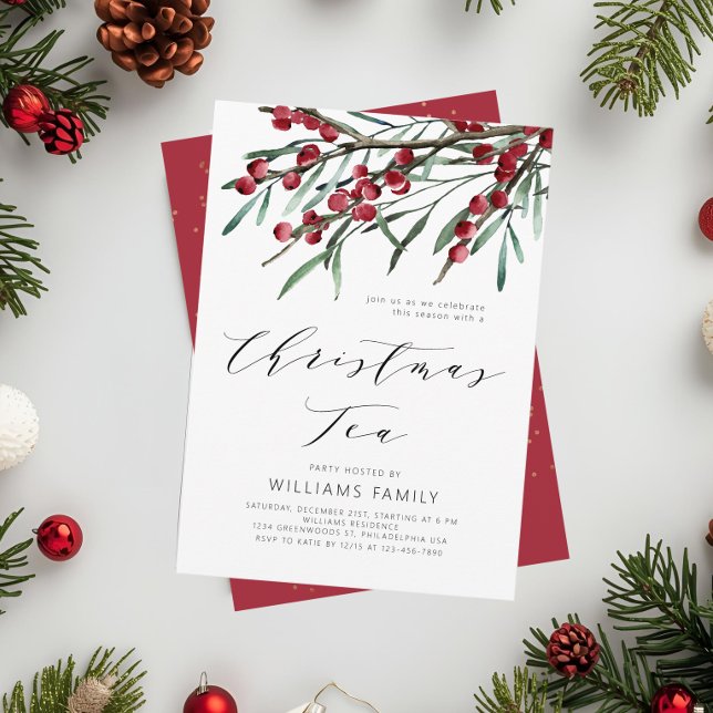 Modern Script Winter Berries Christmas Tea Invitation (Creator Uploaded)