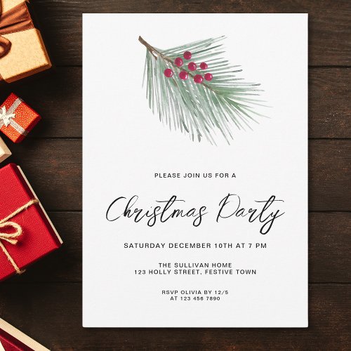 Modern Script Winter Berries Pine Christmas Party Invitation