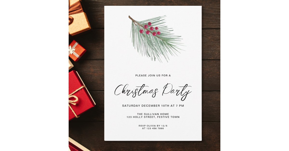 Modern Script Winter Berries Pine Christmas Party Invitation | Zazzle