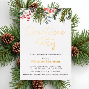 Modern Script Winter Holly Berries Christmas Party Foil Invitation