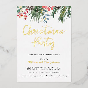 Modern Script Winter Holly Berries Christmas Party Foil Invitation