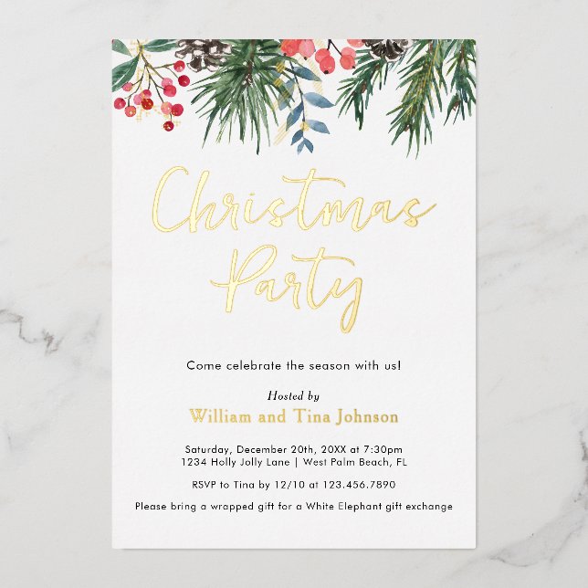 Modern Script Winter Holly Berries Christmas Party Foil Invitation (Front)