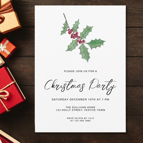 Modern Script Winter Holly Berries Christmas Party Invitation