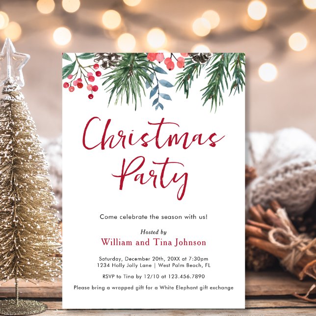 Modern Script Winter Holly Berries Christmas Party Invitation (Creator Uploaded)