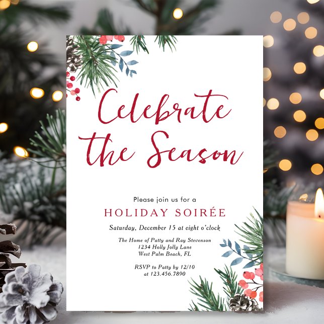 Modern Script Winter Holly Berries Holiday Soiree Invitation (Creator Uploaded)