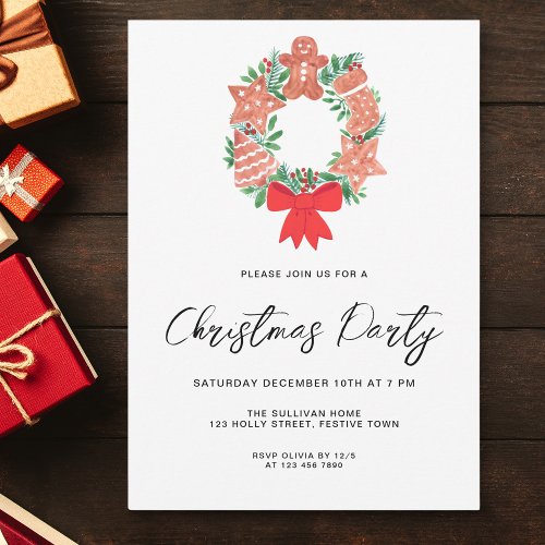 Modern Script Winter Wreath Christmas Party Invitation