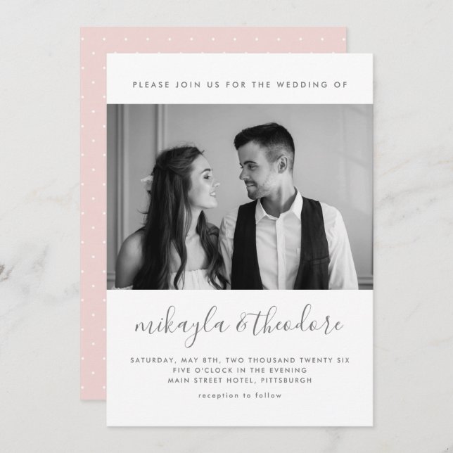 Modern Script with Dots and Photo Blush Wedding Invitation (Front/Back)