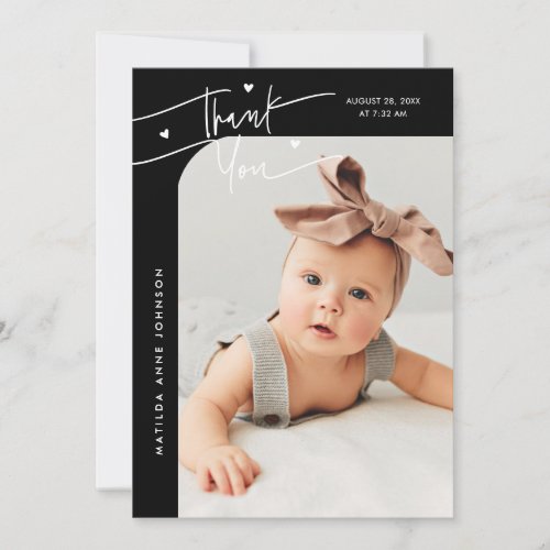 Modern Script with Heart Black Photo Birth Announcement