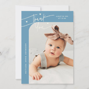 Modern Script with Heart Denim Blue Photo Birth Announcement
