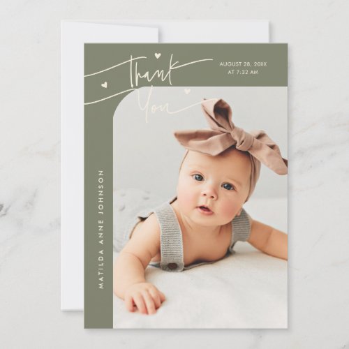 Modern Script with Heart Sage Green Photo Birth Announcement
