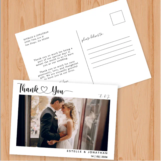 Modern Script with Heart Wedding Thank You Photo Holiday Postcard | Zazzle