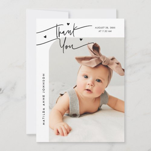 Modern Script with Heart White Photo Birth Announcement