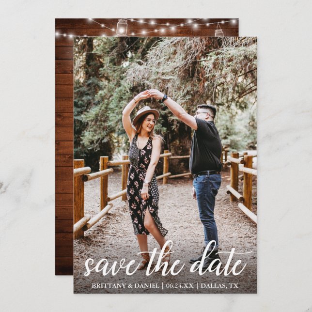 Modern Script Wood Jar Lights Save The Date Card (Front/Back)