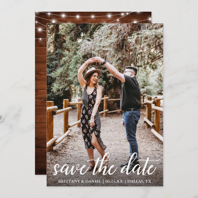 Modern Script Wood Lights Save The Date Card (Front/Back)