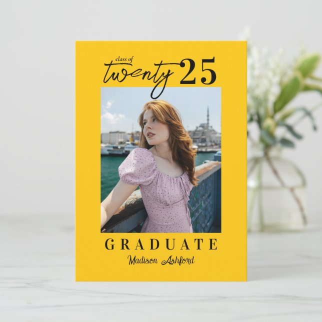 Modern Script Yellow Photo Graduation Party Invitation (Standing Front)