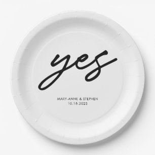 Modern Script Yes Engagement Wedding Party Paper Plates