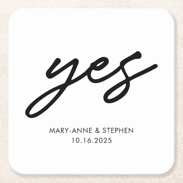 Modern Script Yes Engagement Wedding Party Square Paper Coaster | Zazzle