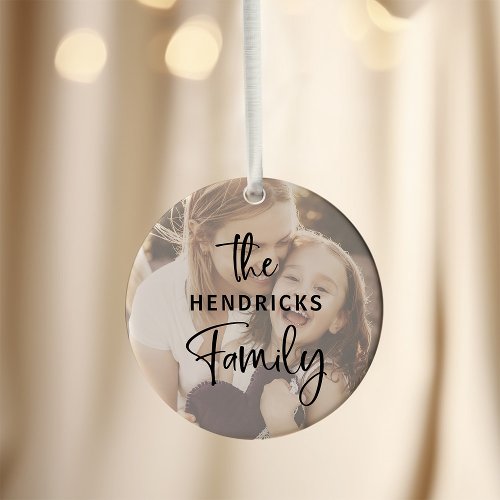 Modern Script  Your Family Name Two Photo Ceramic Ornament