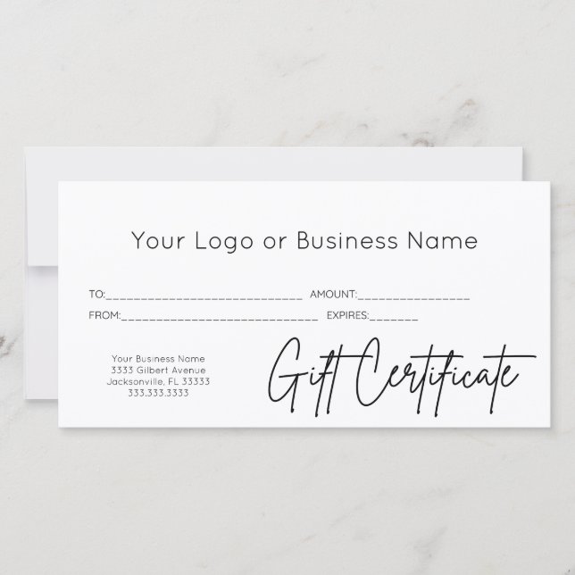 Modern Script Your Logo Business Gift Certificate (Front)