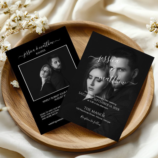 Modern Scripty Black and White Photo QR Code  Invitation (Creator Uploaded)