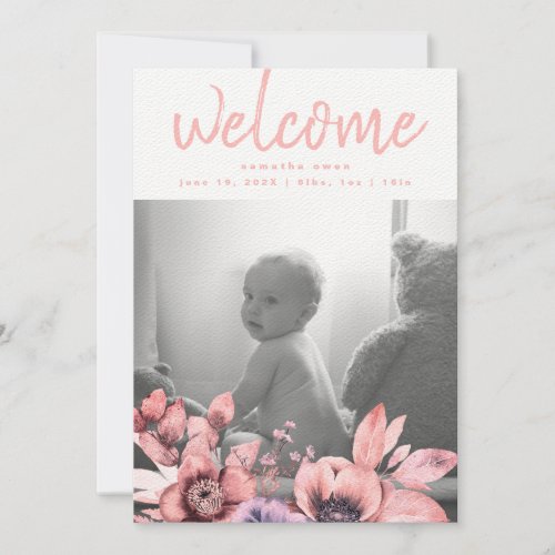 Modern  Sea Coral Floral  Watercolor Girl Baby Announcement