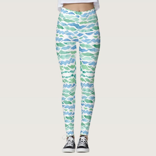 Modern Sea Glass Beach Wave Pattern Watercolor Art Leggings (Front)