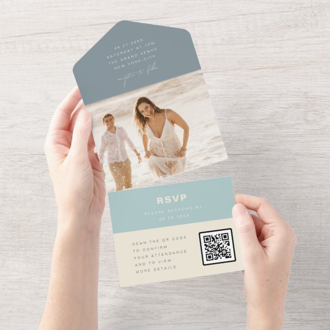Modern Sea Glass Dusty Blue Wedding QR Code RSVP All In One Invitation (Tearaway)