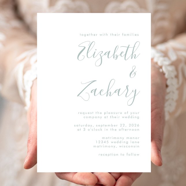 Modern Sea Glass Green Script Wedding Invitation (Creator Uploaded)