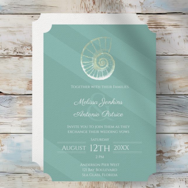 Modern Sea Glass Seashell Beach Wedding invitation (Modern Seashell Coastal Chic Beach Wedding Invitation)
