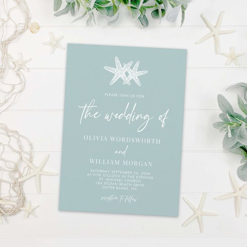 Modern Sea Glass Starfish Beach Script Wedding Invitation