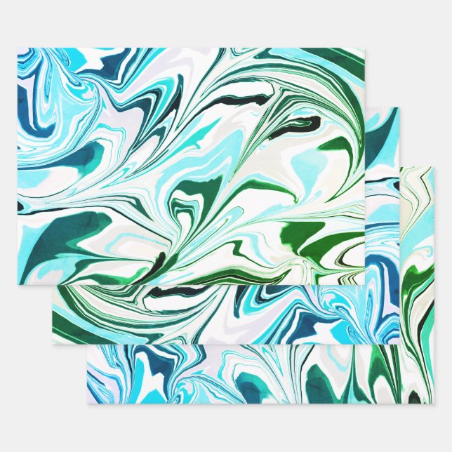 Modern Sea Green Blue Marbled Paper Pattern (Set)