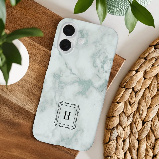 Modern Sea Green Marble Geometric Monogram Case-Mate iPhone Case (Creator Uploaded)