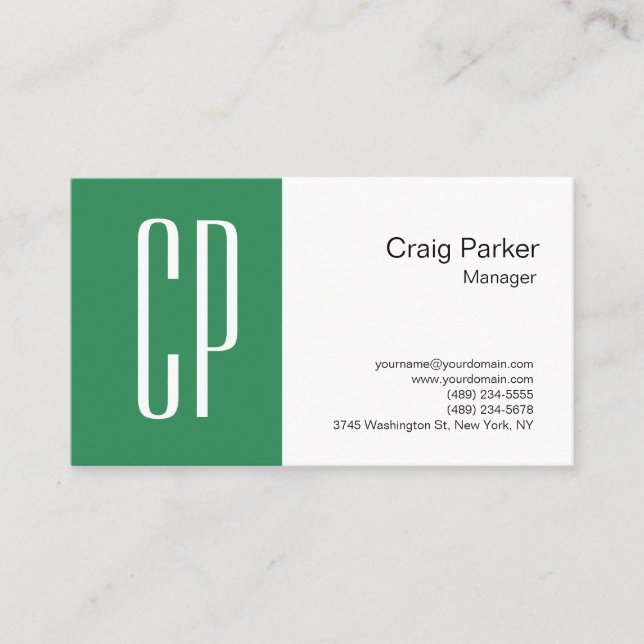 Modern Sea Green White Monogram Professional Business Card (Front)