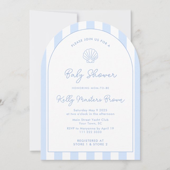 Modern Sea Shell Blue & White Coastal Baby Shower Invitation (Front)