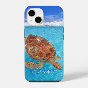 Modern Sea Turtle Blue Beach Personalized iPhone 14 Case