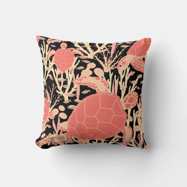 Modern Sea Turtle Pink Black Pattern Throw Pillow (Front)