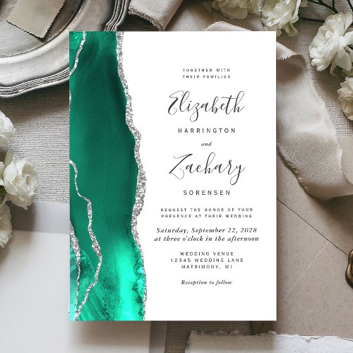 Modern Seafoam Green Silver Agate Wedding Invitation