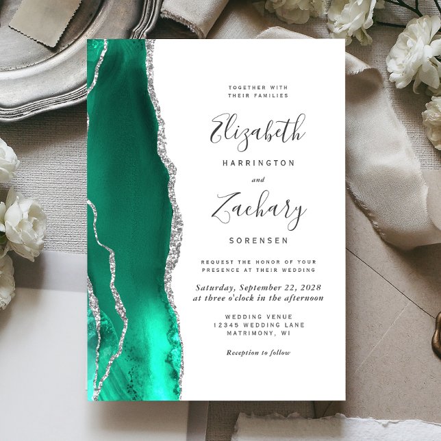 Modern Seafoam Green Silver Agate Wedding Invitation (Creator Uploaded)