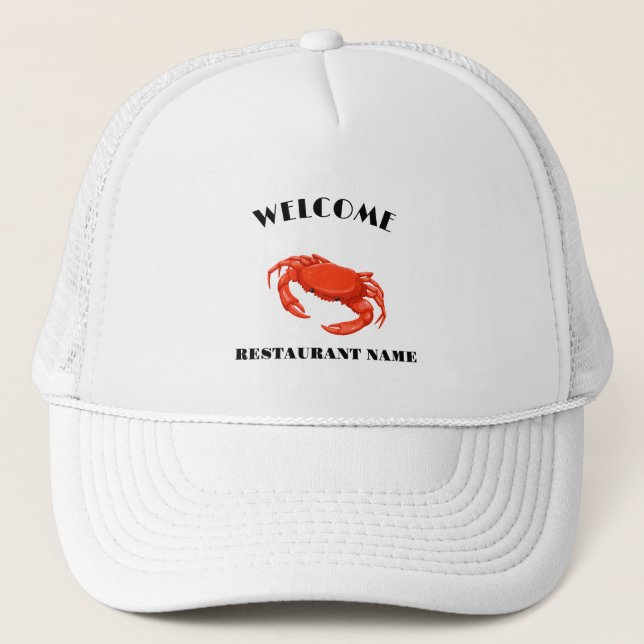 Modern seafood welcome red Crab custom name Trucker Hat (Front)