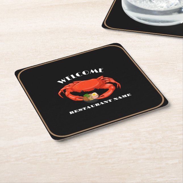 Modern seafood welcome red Crab ramen logo name Square Paper Coaster (Angled)