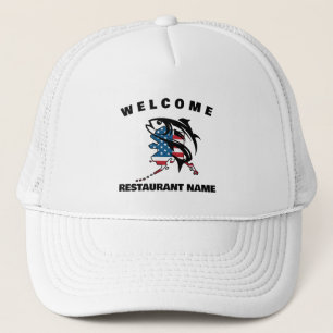 Modern seafood welcome salmon Alaska USA flag name Trucker Hat