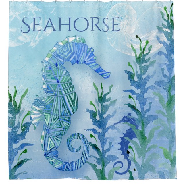 Modern Seahorse Geometric Pattern Beach Sea Ocean Shower Curtain (Front)