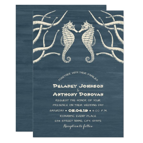 256664119153874448 Modern Seahorse Nautical Beach Themed Wedding Invitation