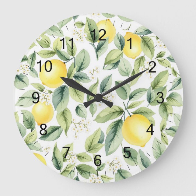 Modern Seamless Pattern Watercolor Yellow Lemon Large Clock (Front)