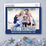 Modern Seas and Greetings Family Photo Blue Postcard<br><div class="desc">Modern Seas & Greetings Family Photo Blue Holiday Postcard</div>