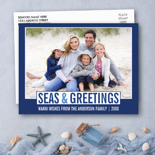 Modern Seas and Greetings Family Photo Blue Postcard
